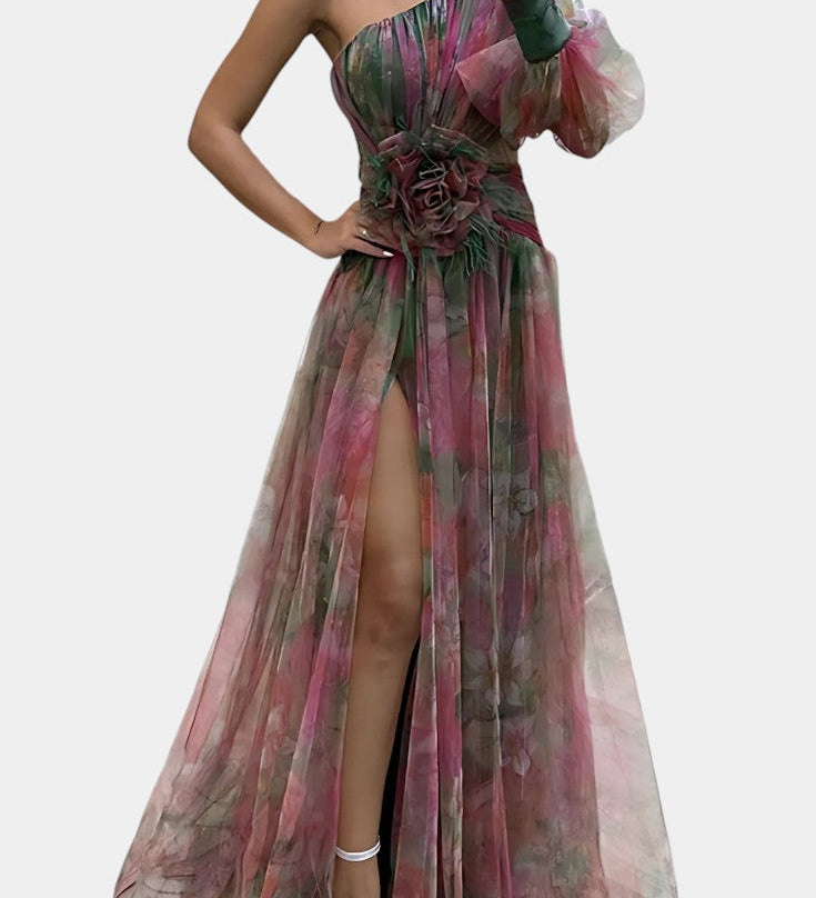 Amelie Φόρεμα Μάξι Ασύμμετρο Μονόωμο με Καλλιτεχνικό Σχέδιο