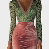 Regitze | Ροζ Βελούδινο Bodycon Φόρεμα Με Patchwork Ιμάντες Και Λεοπάρ Πατρόν