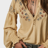 Καθημερινό Κίτρινο Βαμβακερό Πουκάμισο με Floral Κέντημα