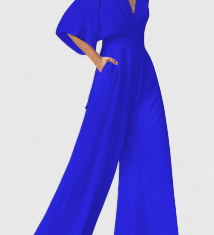 Isaura Μακρύ Κομψό Ολόσωμο με Φαρδύ Μπατζάκι και Ντεκολτέ σε V