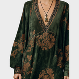 Makayla | Ρετρό Σιλουέτα Εκτυπωμένο Πράσινο Ψεύτικο Σουέντ Μαξι Φόρεμα