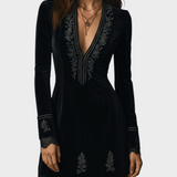 Naia | Ρετρό Μαύρο Βελούδο Διακοσμημένο Με Δαντέλα Μίνι Φόρεμα