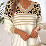 πλεκτό πουλόβερ V-λαιμόκοψη με αντίθεση και λεοπάρ σχέδιο