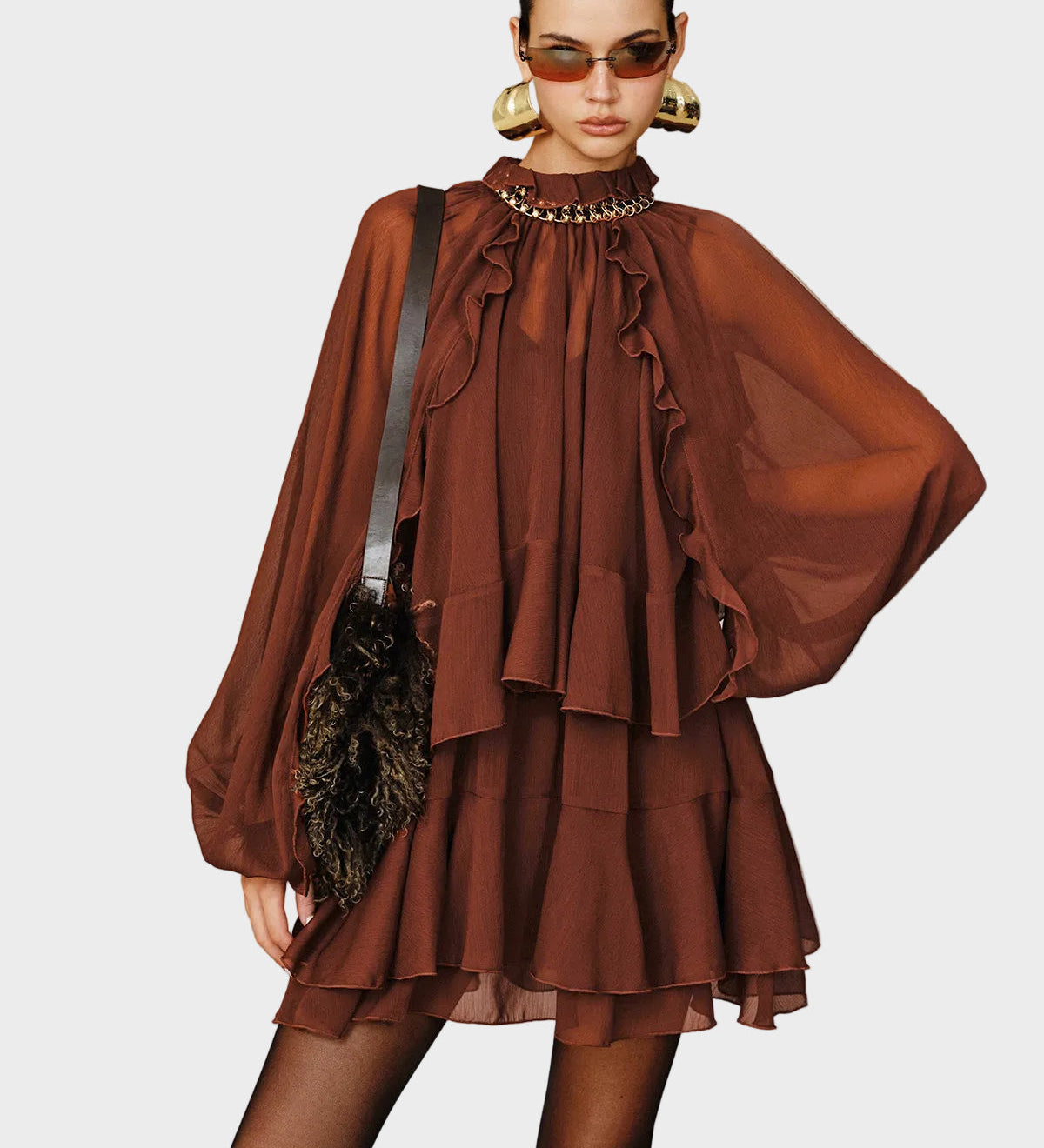 Tiana | Σετ Μίνι Σιφόν Φόρεμα με Βολάν σε Επίπεδα και Φόδρα