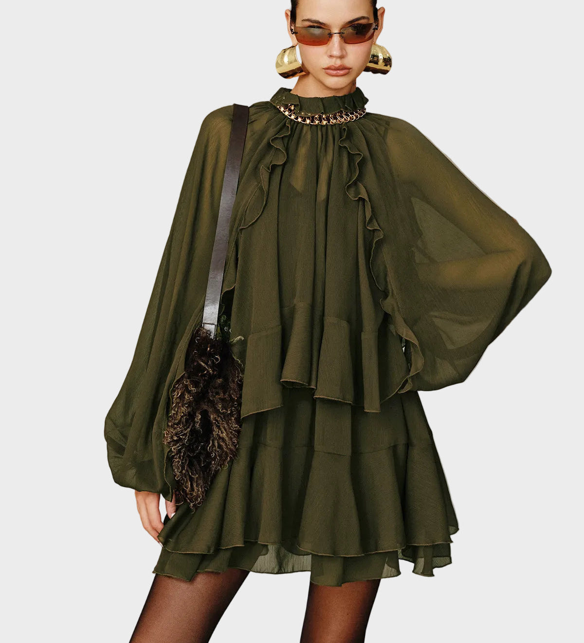 Tiana | Σετ Μίνι Σιφόν Φόρεμα με Βολάν σε Επίπεδα και Φόδρα