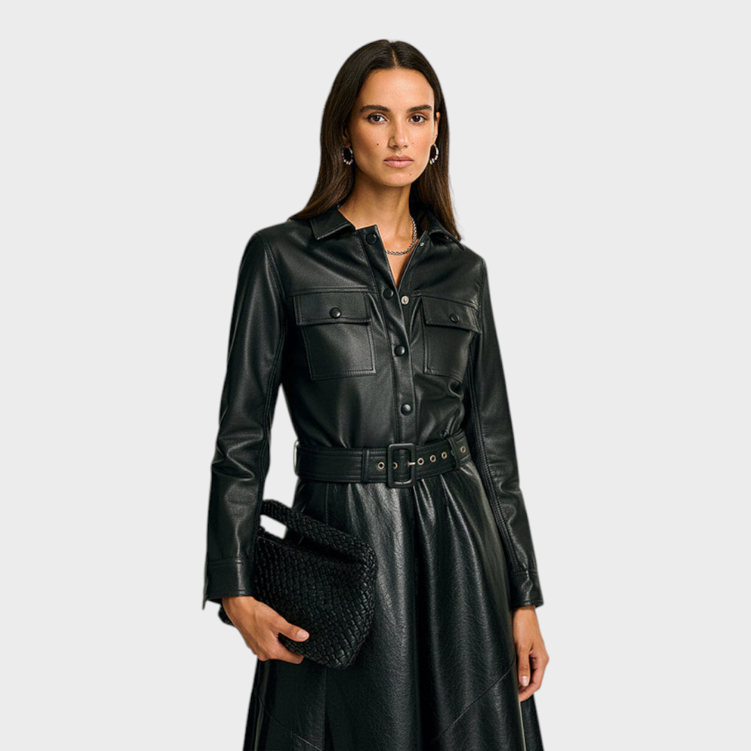 Merlinda | Πουκάμισο Τζάκετ Cargo από PU Δέρμα με Ζώνη