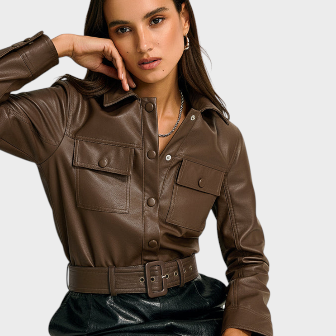 Merlinda | Πουκάμισο Τζάκετ Cargo από PU Δέρμα με Ζώνη