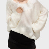 Μερσέντες | Μποέμ Λευκό Oversized Floral Διακοσμημένο Πλεκτό Τοπ Φθινόπωρο