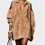 Fiona | Μίνι Φόρεμα από Συνθετικό Σουέτ σε Ταμπά Χρώμα με Ανοιχτούς Ώμους