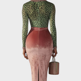 Regitze | Ροζ Βελούδινο Bodycon Φόρεμα Με Patchwork Ιμάντες Και Λεοπάρ Πατρόν