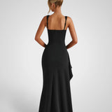 Λοραβέλ | Μαύρο Σατέν Σχίσιμο Μάξι Φόρεμα