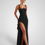 Λοραβέλ | Μαύρο Σατέν Σχίσιμο Μάξι Φόρεμα