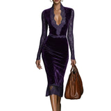 Barbara | Κομψό Σκούρο Μπλε Βελούδινο Midi Φόρεμα σε Στενή Γραμμή, με Λαιμόκοψη V και Δαντέλα στο Ντεκολτέ και τα Μανίκια (Elegant Dark Blue Velvet Slim-fit V-neck Midi Dress With Lace Trim At The Neckline And Sleeves)