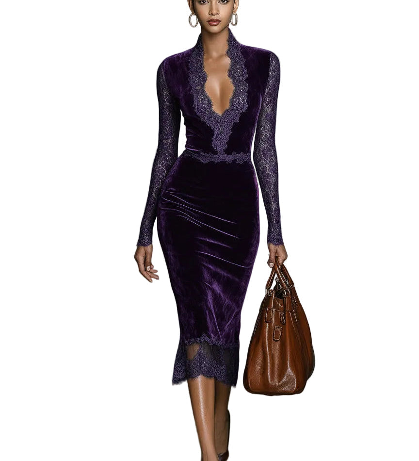 Barbara | Κομψό Σκούρο Μπλε Βελούδινο Midi Φόρεμα σε Στενή Γραμμή, με Λαιμόκοψη V και Δαντέλα στο Ντεκολτέ και τα Μανίκια (Elegant Dark Blue Velvet Slim-fit V-neck Midi Dress With Lace Trim At The Neckline And Sleeves)