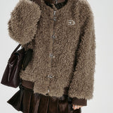 Leyla | Ιταλικό Καφέ Oversized Παλτό Patchwork από Τεχνητό Δέρμα και Teddy - Χειμερινό