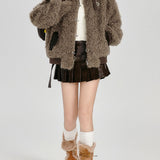 Leyla | Ιταλικό Καφέ Oversized Παλτό Patchwork από Τεχνητό Δέρμα και Teddy - Χειμερινό