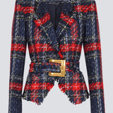 Marcea - Ζακέτα Tweed με Καρό Σχέδιο και Ζώνη (Belted Plaid Tweed Jacket)
