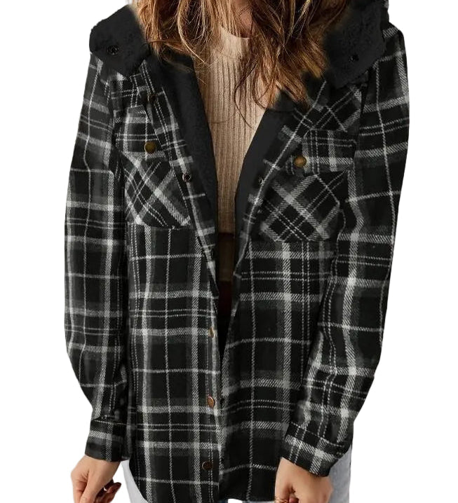 AMELIA - Γυναικείο Καρό Φανελένιο Τζάκετ με Κουκούλα για το Φθινόπωρο και τον Χειμώνα (Women’s Plaid Hooded Flannel Jacket for Autumn & Winter)