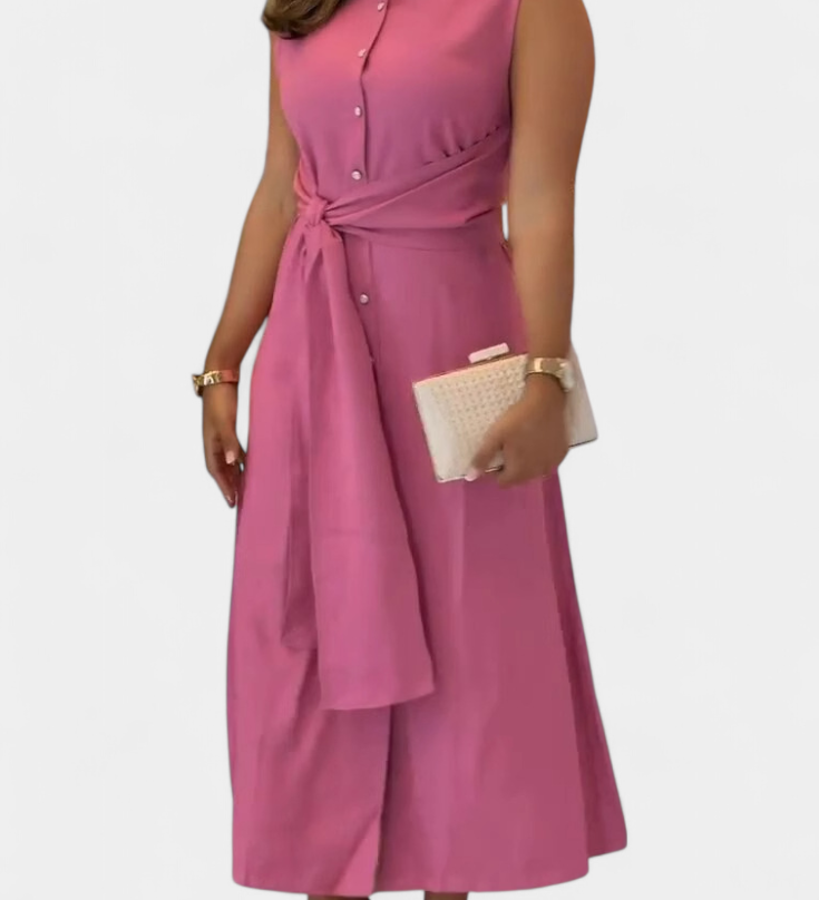 Behnaz Κομψό Αμάνικο Φόρεμα με Ζώνη και Γιακά Πουκαμίσου