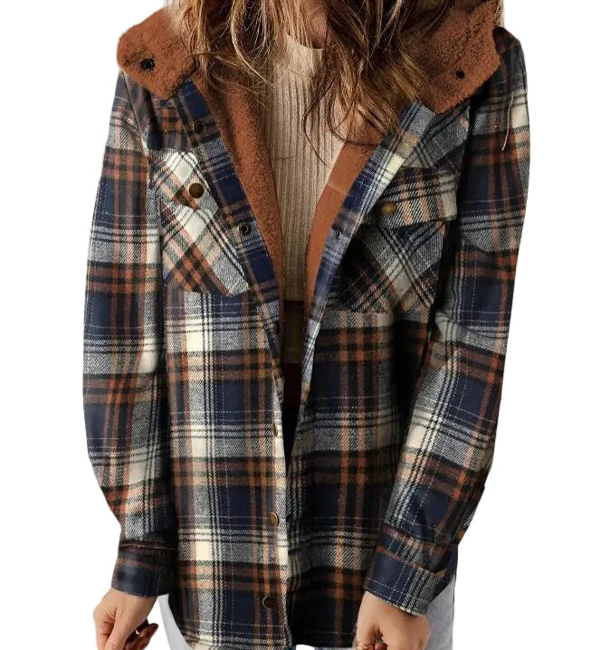 AMELIA - Γυναικείο Καρό Φανελένιο Τζάκετ με Κουκούλα για το Φθινόπωρο και τον Χειμώνα (Women’s Plaid Hooded Flannel Jacket for Autumn & Winter)
