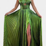 Αικατερίνη Μεταλλικό Φόρεμα Maxi με Χιαστί Λαιμόκοψη και Σκίσιμο