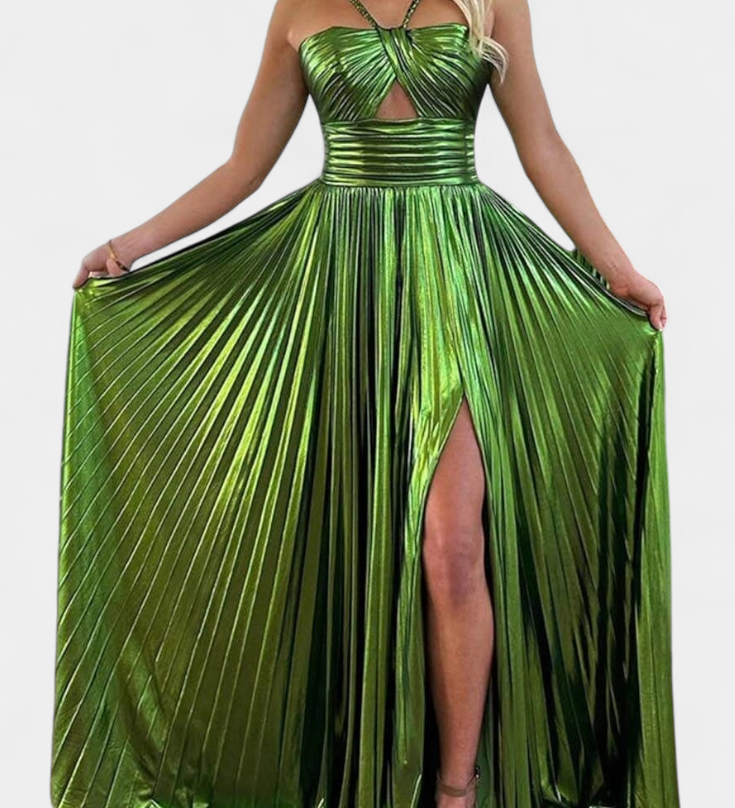 Αικατερίνη Μεταλλικό Φόρεμα Maxi με Χιαστί Λαιμόκοψη και Σκίσιμο