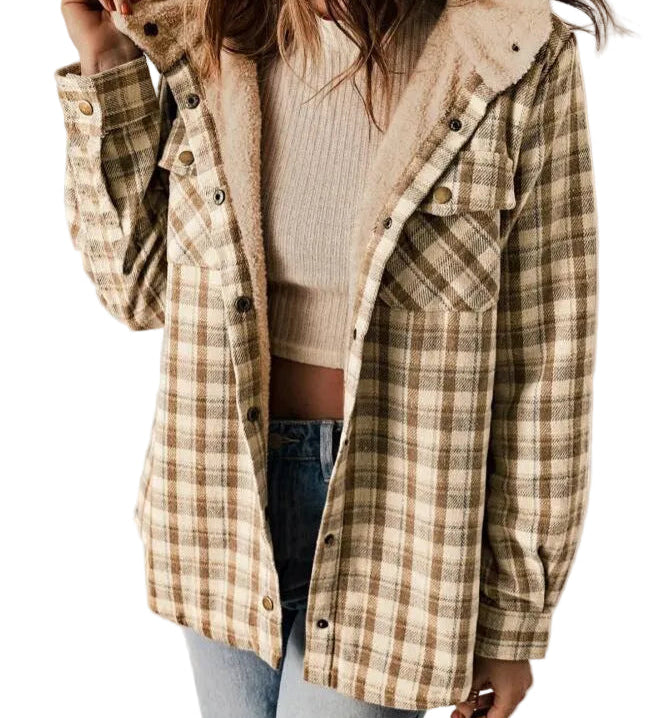 AMELIA - Γυναικείο Καρό Φανελένιο Τζάκετ με Κουκούλα για το Φθινόπωρο και τον Χειμώνα (Women’s Plaid Hooded Flannel Jacket for Autumn & Winter)