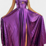 Αικατερίνη Μεταλλικό Φόρεμα Maxi με Χιαστί Λαιμόκοψη και Σκίσιμο