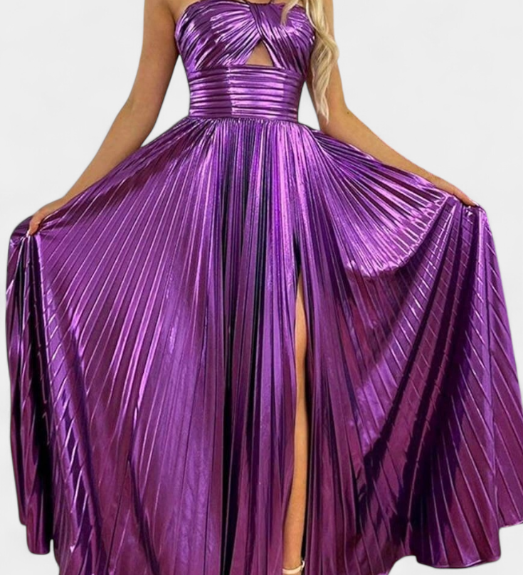 Αικατερίνη Μεταλλικό Φόρεμα Maxi με Χιαστί Λαιμόκοψη και Σκίσιμο