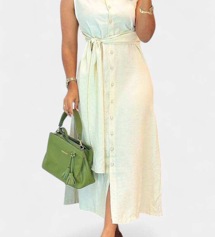 Behnaz Κομψό Αμάνικο Φόρεμα με Ζώνη και Γιακά Πουκαμίσου