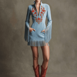 Astrid | Western Ρετρό Μπλε Μίνι Φόρεμα από Τεχνητό Σουέντ με Κόκκινο Κέντημα, Μακριά Μανίκια και Κρόσσια