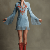 Astrid | Western Ρετρό Μπλε Μίνι Φόρεμα από Τεχνητό Σουέντ με Κόκκινο Κέντημα, Μακριά Μανίκια και Κρόσσια