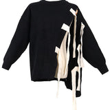 Angela | Οργανικό Μαύρο Πλεκτό Φθινοπωρινό Πουλόβερ με Στρογγυλή Λαιμόκοψη και Ασύμμετρο Σχέδιο Patchwork (Organic Black O-Neck Patchwork asymmetrical design Fall Knit Knitted sweaters)