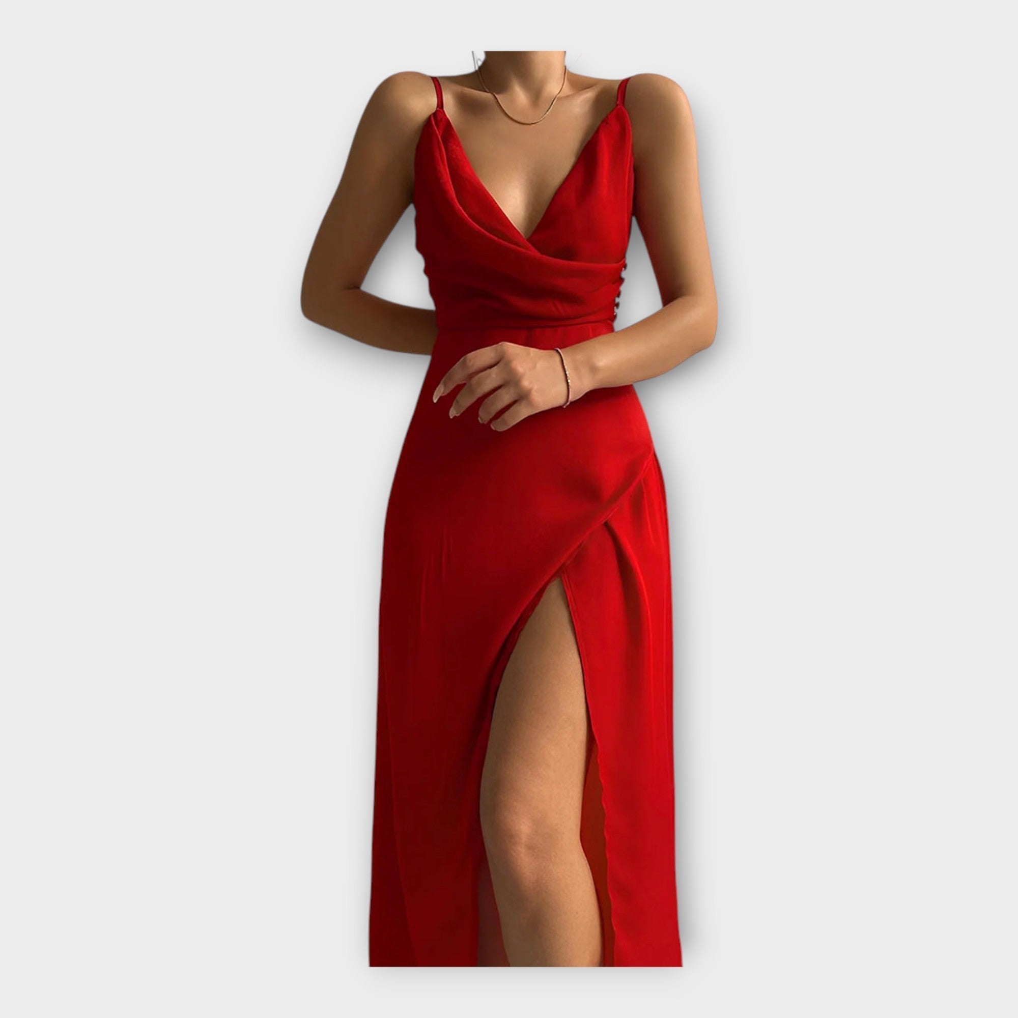 Μακρύ Σατέν Φόρεμα με Σκίσιμο και Λεπτές Τιράντες