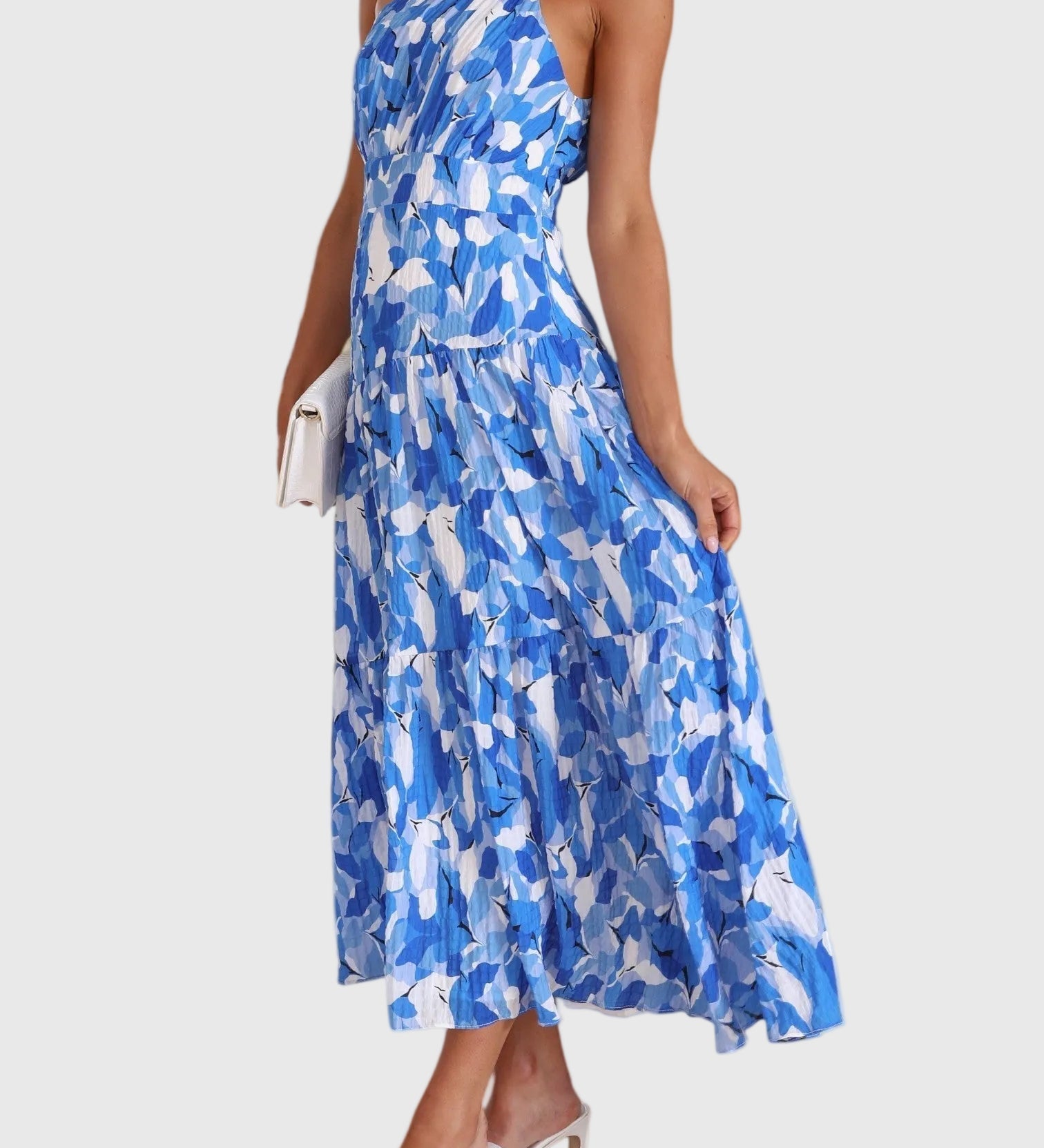 Ανθεία – Μπλε Λουλουδάτο Maxi Φόρεμα με Έναν Ώμο, Κορδόνι και Ραμμένη Πλάτη