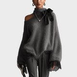 Loisa | Γκρι Πλεχτό Πουλόβερ Μοχάι Με Δαντελένια Μανίκια