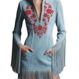 Astrid | Western Ρετρό Μπλε Μίνι Φόρεμα από Τεχνητό Σουέντ με Κόκκινο Κέντημα, Μακριά Μανίκια και Κρόσσια