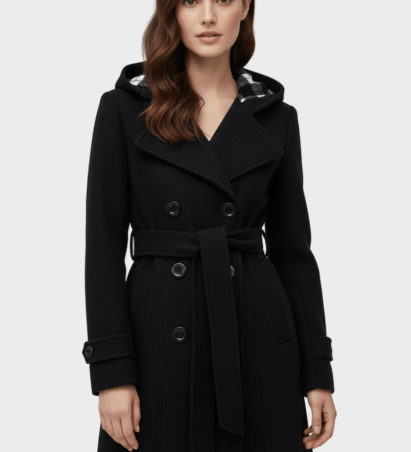 Hermione | Γυναικείο Παλτό Διπλής Στήθους από Μίγμα Μαλλιού με Κουκούλα και Ζώνη στη Μέση