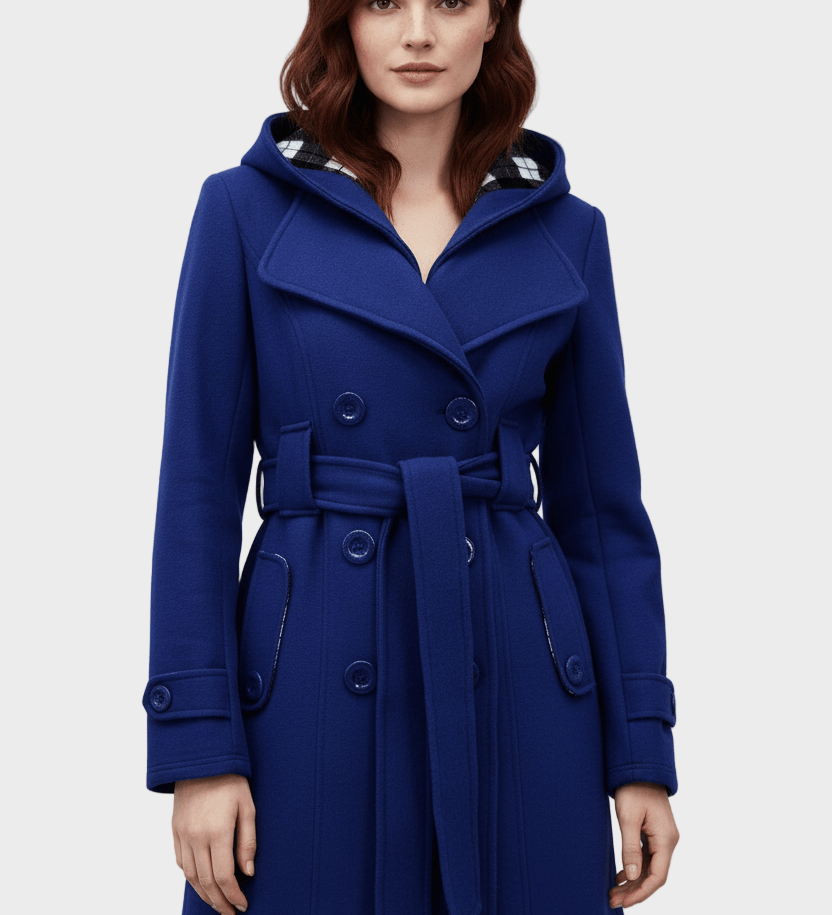 Hermione | Γυναικείο Παλτό Διπλής Στήθους από Μίγμα Μαλλιού με Κουκούλα και Ζώνη στη Μέση