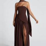 Elena – Maxi Φόρεμα με Ανοιχτούς Ώμους, Σκίσιμο & Choker Λεπτομέρεια