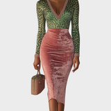 Regitze | Ροζ Βελούδινο Bodycon Φόρεμα Με Patchwork Ιμάντες Και Λεοπάρ Πατρόν