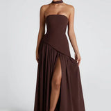 Elena – Maxi Φόρεμα με Ανοιχτούς Ώμους, Σκίσιμο & Choker Λεπτομέρεια