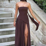 Elena – Maxi Φόρεμα με Ανοιχτούς Ώμους, Σκίσιμο & Choker Λεπτομέρεια