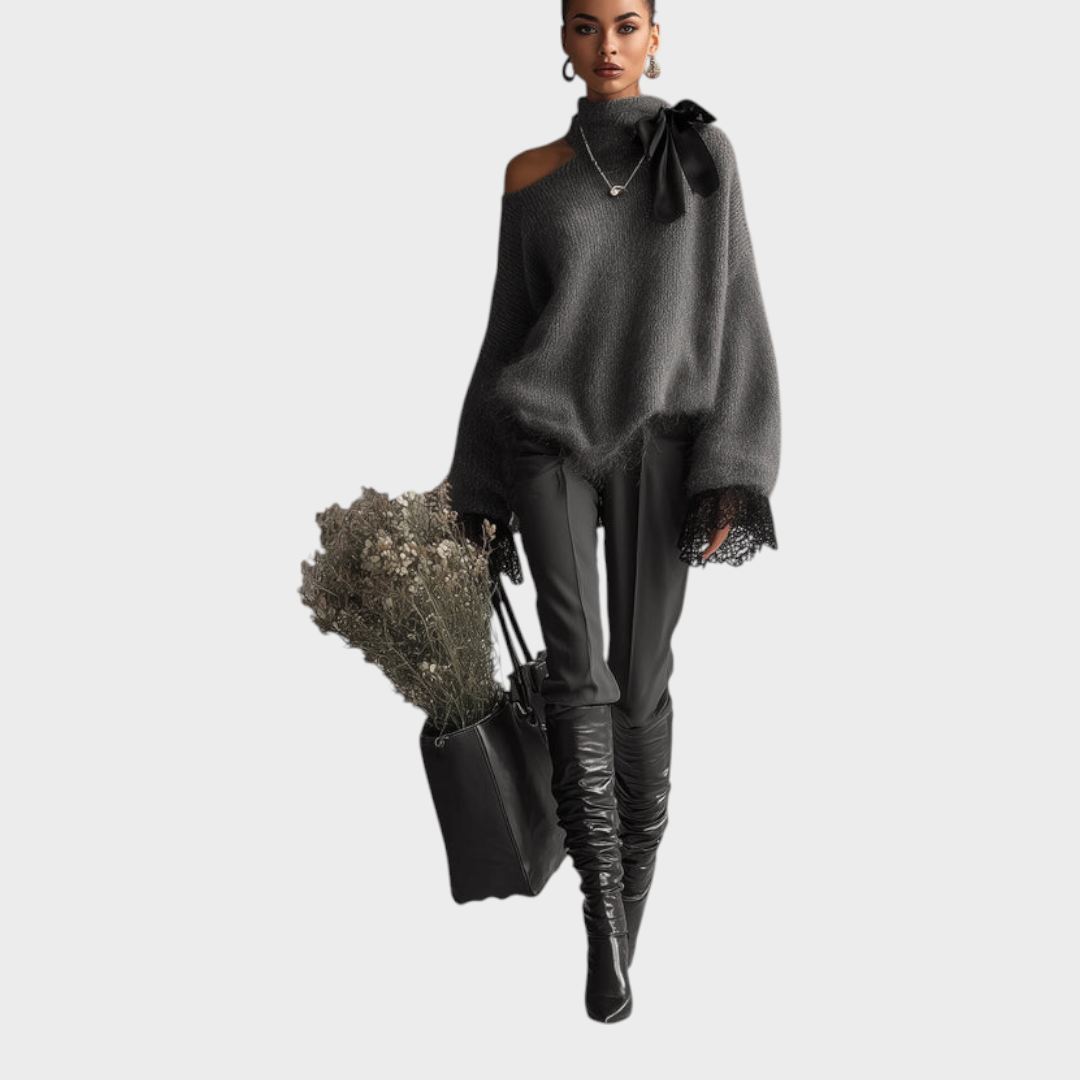 Loisa | Γκρι Πλεχτό Πουλόβερ Μοχάι Με Δαντελένια Μανίκια