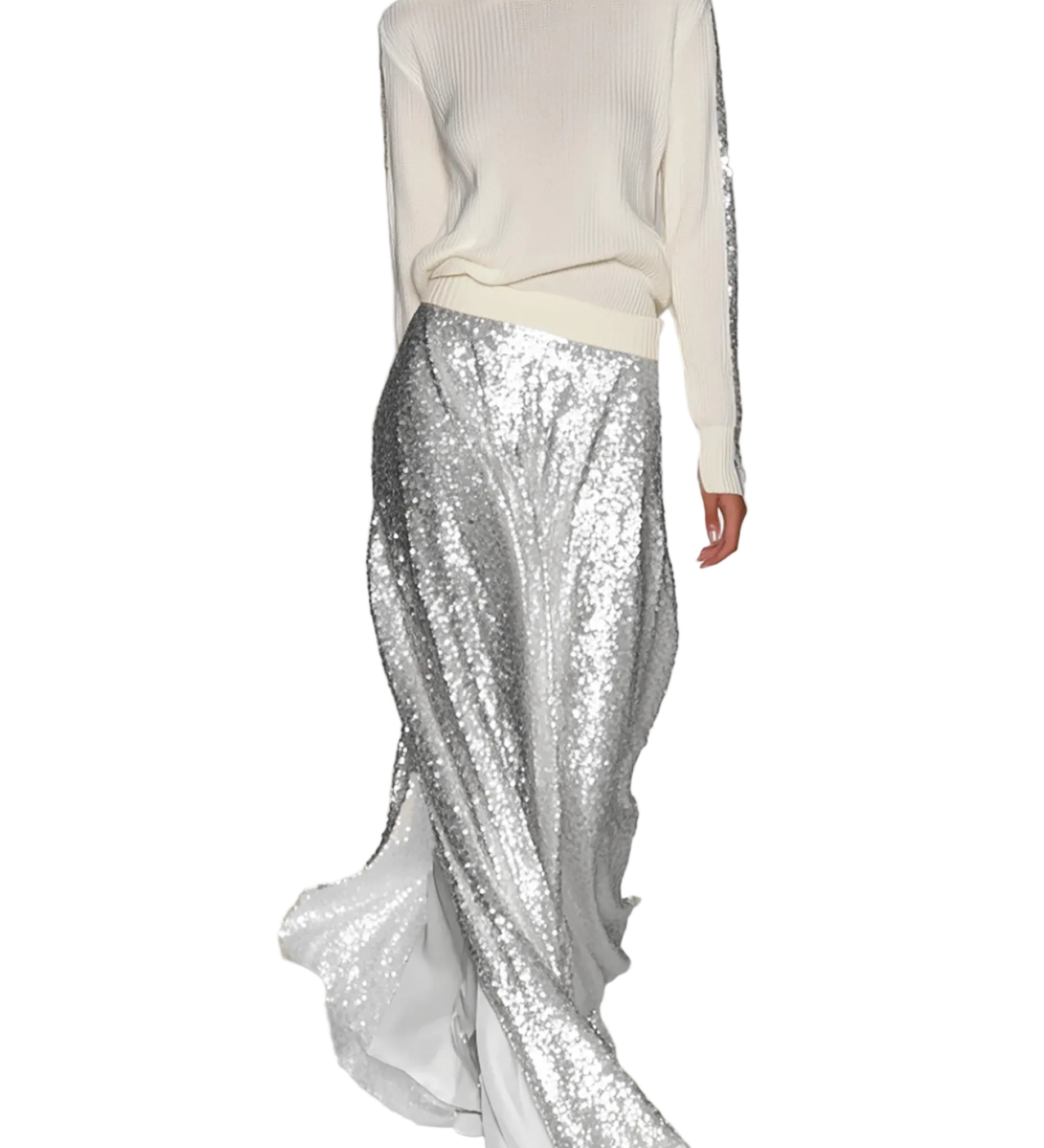 Maya - Γυναικείο Μοντέρνο Casual Σετ με Πλεκτό Τοπ με Στρογγυλή Λαιμόκοψη και Μακριά Φούστα με Πούλιες (Women's Fashionable Casual Round Neck Knitted Top With Sequined Long Skirt Suit)