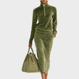 Jessie | Σετ Βελούδινο Τοπ με Στάντ Κολάρο και Φούστα με Λεοπάρ Σχέδιο