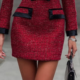 Cynthia | Κόκκινο Φόρεμα Tweed με Μαύρες Λεπτομέρειες