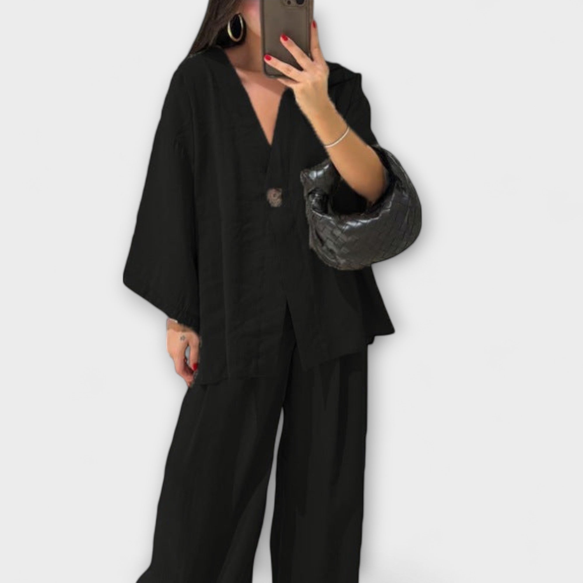 Jacqueline - Casual τοπ με V λαιμόκοψη και παντελόνι δίδυμο