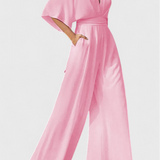 Isaura Μακρύ Κομψό Ολόσωμο με Φαρδύ Μπατζάκι και Ντεκολτέ σε V