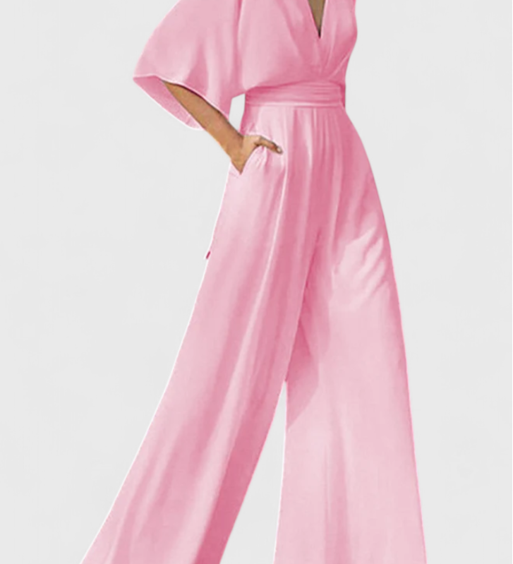 Isaura Μακρύ Κομψό Ολόσωμο με Φαρδύ Μπατζάκι και Ντεκολτέ σε V